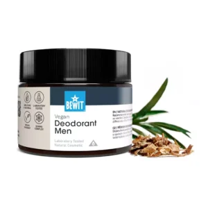 Přírodní deodorant pro muže BEWIT Vegan v kelímku s lístky a kůrou – 100% přírodní, bez hliníku, laboratorně testovaný.