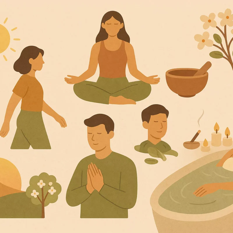 Tento název vystihuje klíčová témata ilustrace jako je relaxace, zdravý životní styl, wellness, meditace a přírodní rituály. Pokud chceš i slovenskú verziu, môžem ju hneď doplniť.