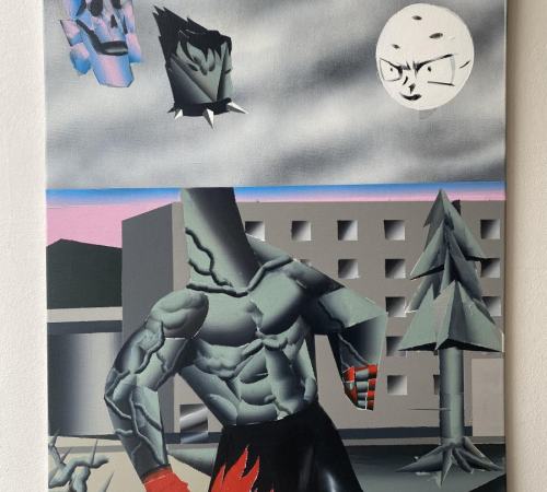 Jan-Batorek_03_2024-Hlava-v-oblakoch-80x60-acrylic-and-sprey-on-canvas