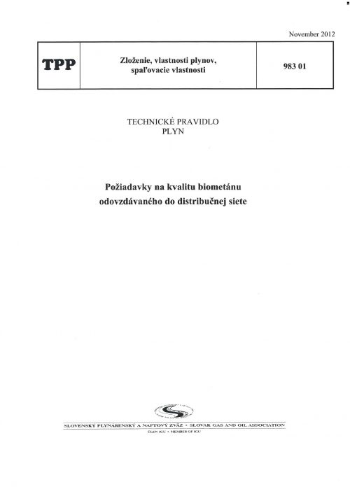 TPP 983 01 - Požiadavky na kvalitu biometánu odovzdávaného do distribučných sietí